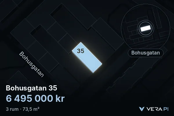 VERA PI:s bild av Bohusgatan 35: huset i 3D, upplyst i blått, och kartan runt omkring