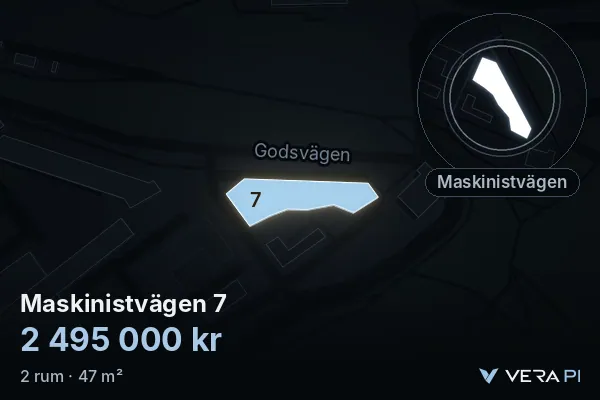 VERA PI:s bild av Maskinistvägen 7: huset i 3D, upplyst i blått, och kartan runt omkring