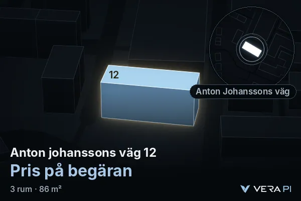 VERA PI's image of Anton johanssons väg 12: the building in 3D, lit in blue, and the map around it
