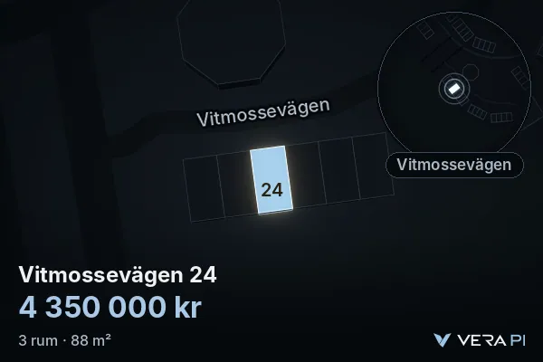 VERA PI's image of Vitmossevägen 24: the building in 3D, lit in blue, and the map around it