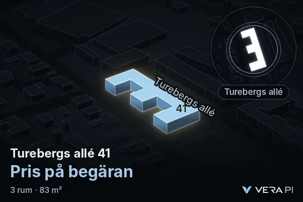 VERA PI's image of Turebergs allé 41: the building in 3D, lit in blue, and the map around it