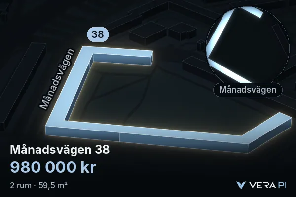 VERA PI's image of Månadsvägen 38: the building in 3D, lit in blue, and the map around it