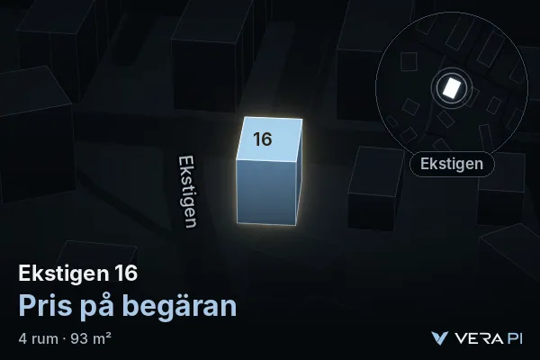 VERA PI:s bild av Ekstigen 16: huset i 3D, upplyst i blått, och kartan runt omkring