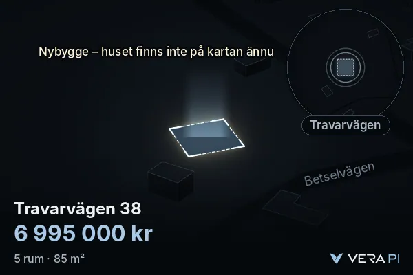 VERA PI's image of Travarvägen 38: the building in 3D, lit in blue, and the map around it