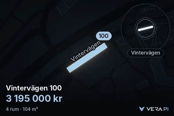 VERA PI:s bild av Vintervägen 100: huset i 3D, upplyst i blått, och kartan runt omkring