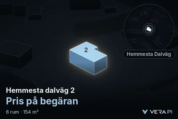 VERA PI's image of Hemmesta dalväg 2: the building in 3D, lit in blue, and the map around it