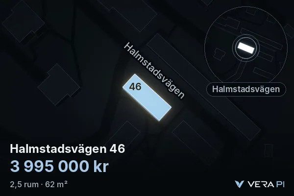 VERA PI:s bild av Halmstadsvägen 46: huset i 3D, upplyst i blått, och kartan runt omkring