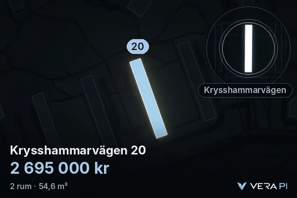 VERA PI's image of Krysshammarvägen 20: the building in 3D, lit in blue, and the map around it