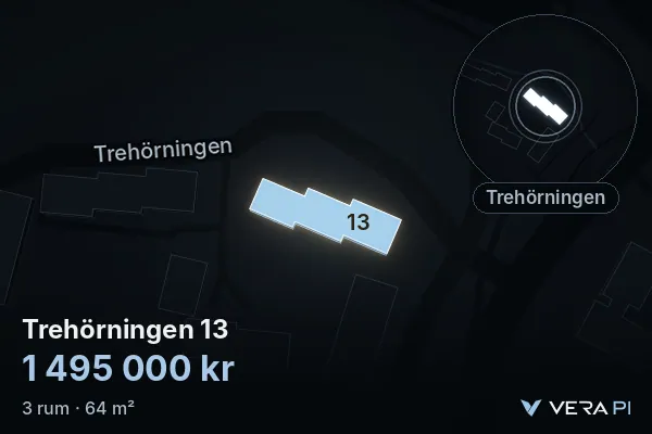 VERA PI's image of Trehörningen 13: the building in 3D, lit in blue, and the map around it