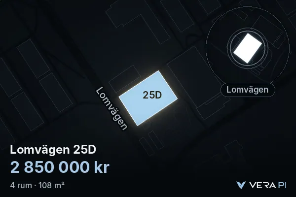 VERA PI's image of Lomvägen 25D: the building in 3D, lit in blue, and the map around it