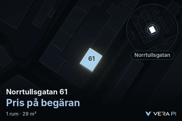 VERA PI:s bild av Norrtullsgatan 61: huset i 3D, upplyst i blått, och kartan runt omkring