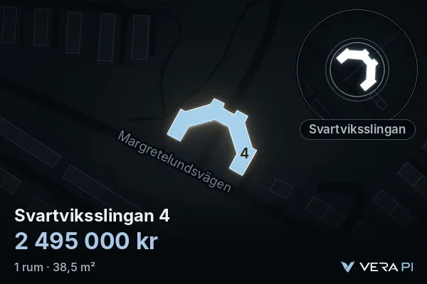 VERA PI:s bild av Svartviksslingan 4: huset i 3D, upplyst i blått, och kartan runt omkring