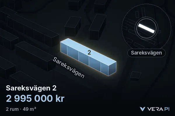 VERA PI:s bild av Sareksvägen 2: huset i 3D, upplyst i blått, och kartan runt omkring