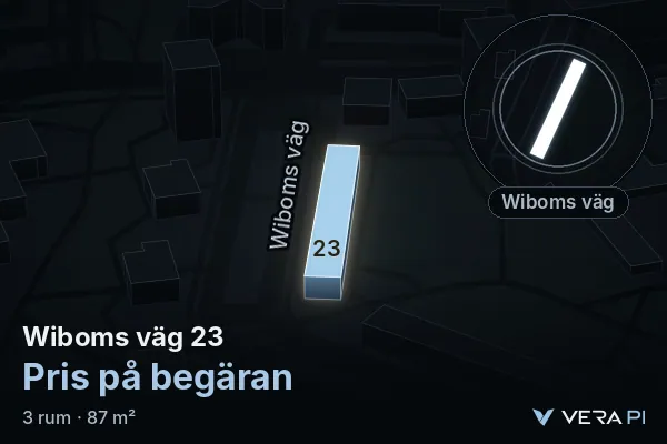 VERA PI:s bild av Wiboms väg 23: huset i 3D, upplyst i blått, och kartan runt omkring