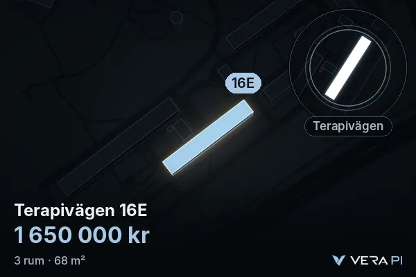 VERA PI's image of Terapivägen 16E: the building in 3D, lit in blue, and the map around it