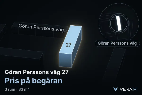 VERA PI:s bild av Göran Perssons väg 27: huset i 3D, upplyst i blått, och kartan runt omkring