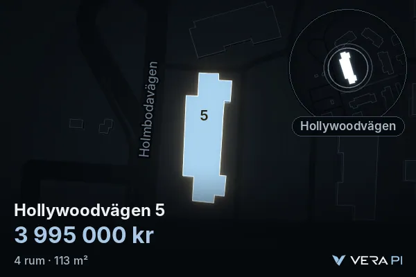 VERA PI's image of Hollywoodvägen 5: the building in 3D, lit in blue, and the map around it