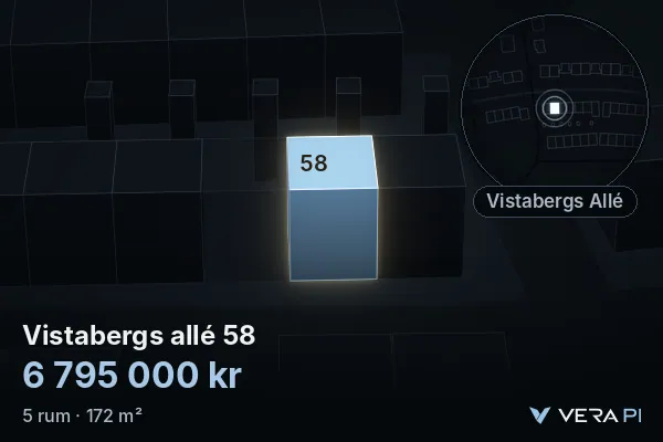 VERA PI's image of Vistabergs allé 58: the building in 3D, lit in blue, and the map around it