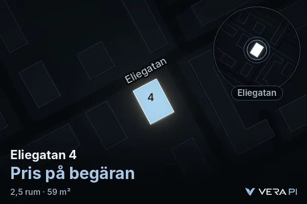 VERA PI:s bild av Eliegatan 4: huset i 3D, upplyst i blått, och kartan runt omkring