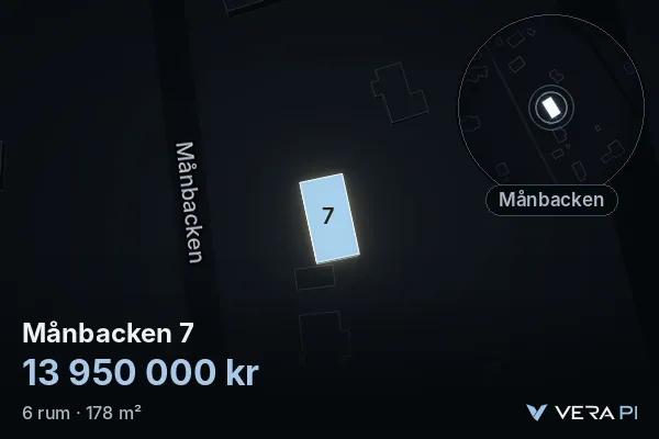 VERA PI:s bild av Månbacken 7: huset i 3D, upplyst i blått, och kartan runt omkring