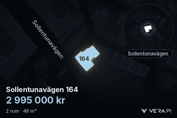 VERA PI's image of Sollentunavägen 164: the building in 3D, lit in blue, and the map around it