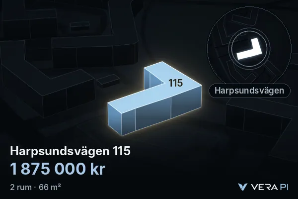 VERA PI's image of Harpsundsvägen 115: the building in 3D, lit in blue, and the map around it