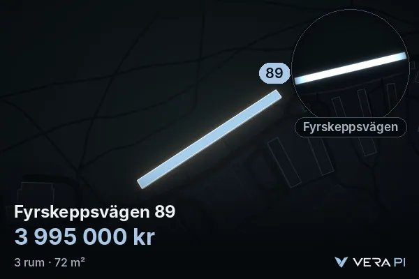 VERA PI's image of Fyrskeppsvägen 89: the building in 3D, lit in blue, and the map around it