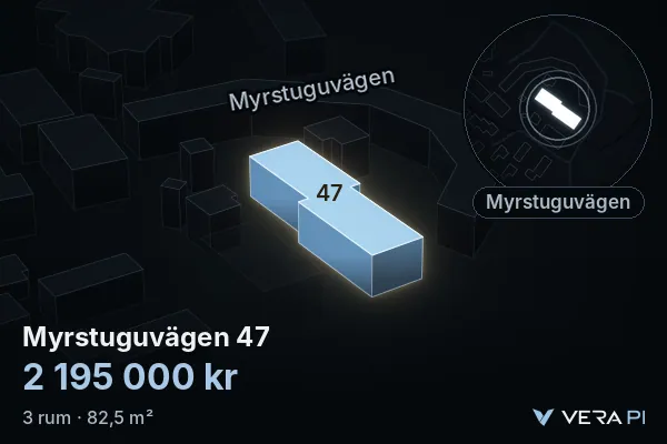 VERA PI:s bild av Myrstuguvägen 47: huset i 3D, upplyst i blått, och kartan runt omkring