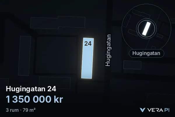 VERA PI's image of Hugingatan 24: the building in 3D, lit in blue, and the map around it