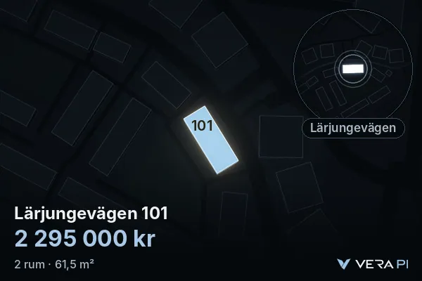 VERA PI's image of Lärjungevägen 101: the building in 3D, lit in blue, and the map around it