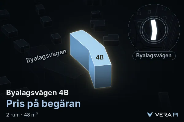 VERA PI:s bild av Byalagsvägen 4B: huset i 3D, upplyst i blått, och kartan runt omkring