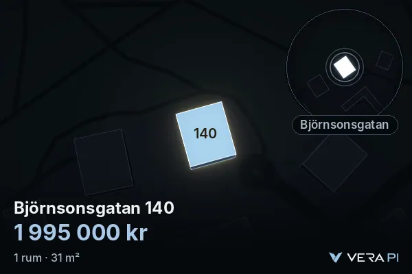 VERA PI:s bild av Björnsonsgatan 140: huset i 3D, upplyst i blått, och kartan runt omkring