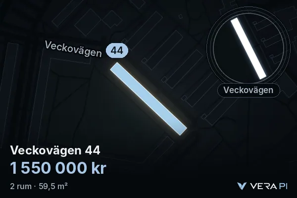 VERA PI's image of Veckovägen 44: the building in 3D, lit in blue, and the map around it