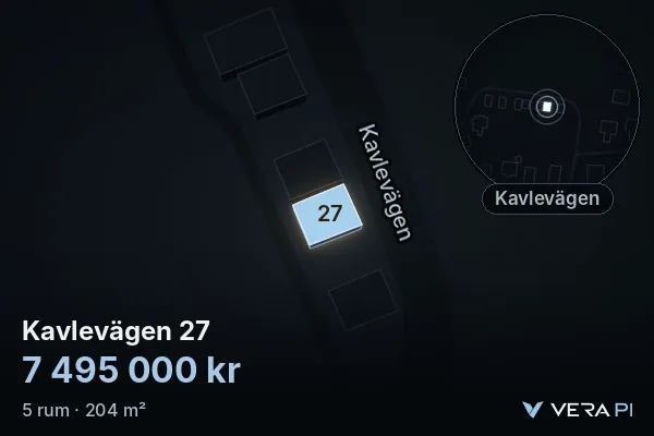VERA PI:s bild av Kavlevägen 27: huset i 3D, upplyst i blått, och kartan runt omkring