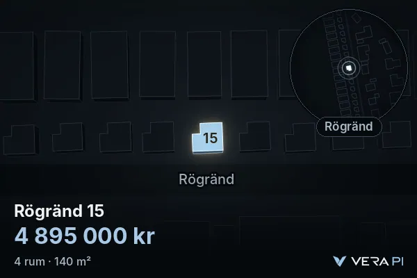 VERA PI:s bild av Rögränd 15: huset i 3D, upplyst i blått, och kartan runt omkring