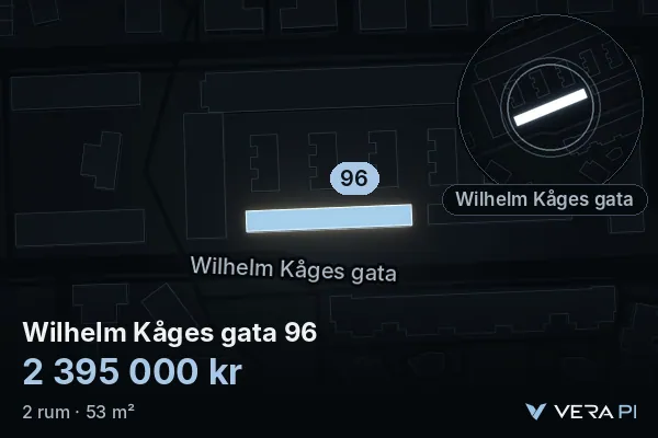 VERA PI:s bild av Wilhelm Kåges gata 96: huset i 3D, upplyst i blått, och kartan runt omkring