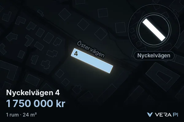 VERA PI's image of Nyckelvägen 4: the building in 3D, lit in blue, and the map around it