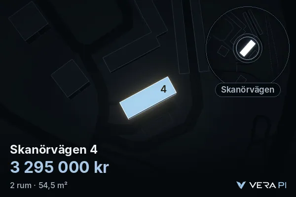 VERA PI:s bild av Skanörvägen 4: huset i 3D, upplyst i blått, och kartan runt omkring