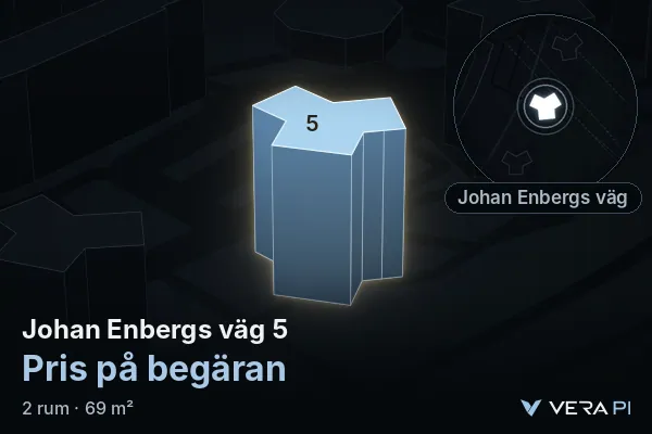 VERA PI's image of Johan Enbergs väg 5: the building in 3D, lit in blue, and the map around it