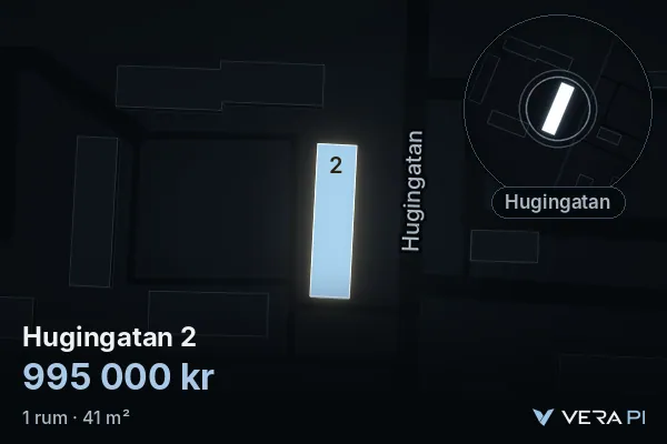 VERA PI's image of Hugingatan 2: the building in 3D, lit in blue, and the map around it