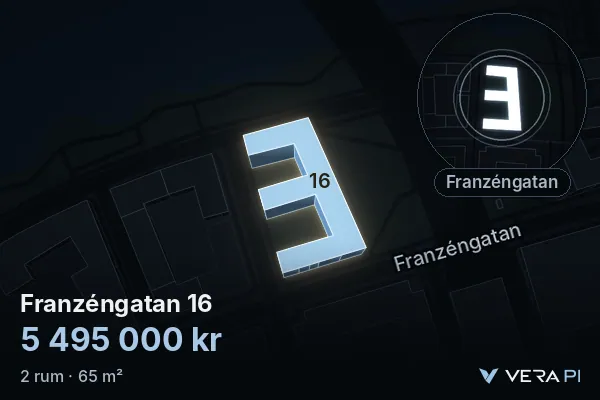 VERA PI:s bild av Franzéngatan 16: huset i 3D, upplyst i blått, och kartan runt omkring