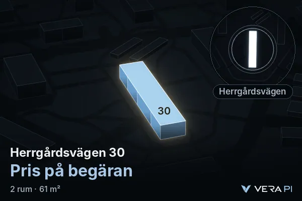 VERA PI:s bild av Herrgårdsvägen 30: huset i 3D, upplyst i blått, och kartan runt omkring