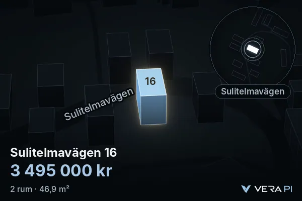 VERA PI:s bild av Sulitelmavägen 16: huset i 3D, upplyst i blått, och kartan runt omkring