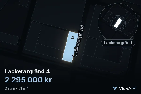VERA PI's image of Lackerargränd 4: the building in 3D, lit in blue, and the map around it