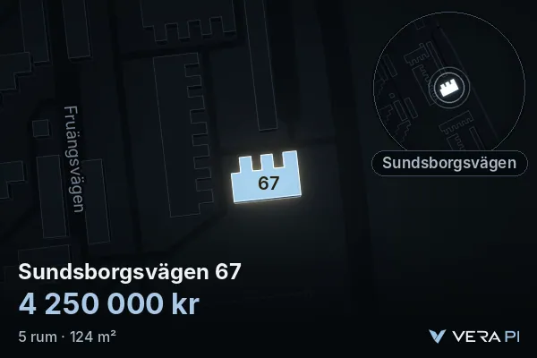 VERA PI:s bild av Sundsborgsvägen 67: huset i 3D, upplyst i blått, och kartan runt omkring