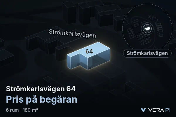 VERA PI:s bild av Strömkarlsvägen 64: huset i 3D, upplyst i blått, och kartan runt omkring
