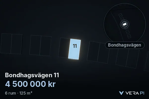 VERA PI:s bild av Bondhagsvägen 11: huset i 3D, upplyst i blått, och kartan runt omkring
