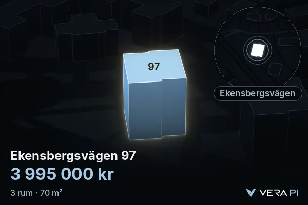 VERA PI:s bild av Ekensbergsvägen 97: huset i 3D, upplyst i blått, och kartan runt omkring