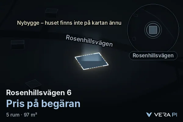 VERA PI:s bild av Rosenhillsvägen 6: huset i 3D, upplyst i blått, och kartan runt omkring