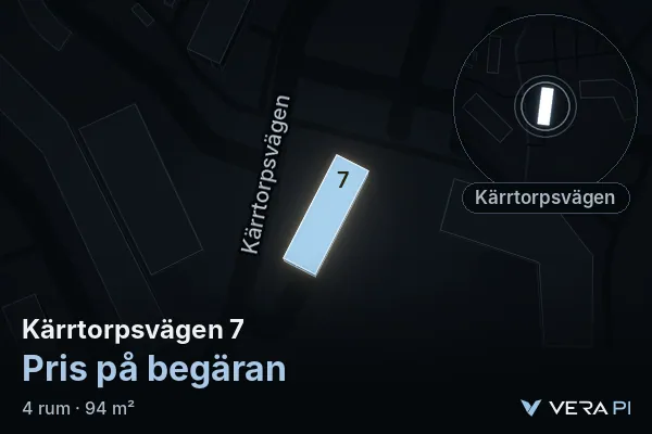 VERA PI's image of Kärrtorpsvägen 7: the building in 3D, lit in blue, and the map around it